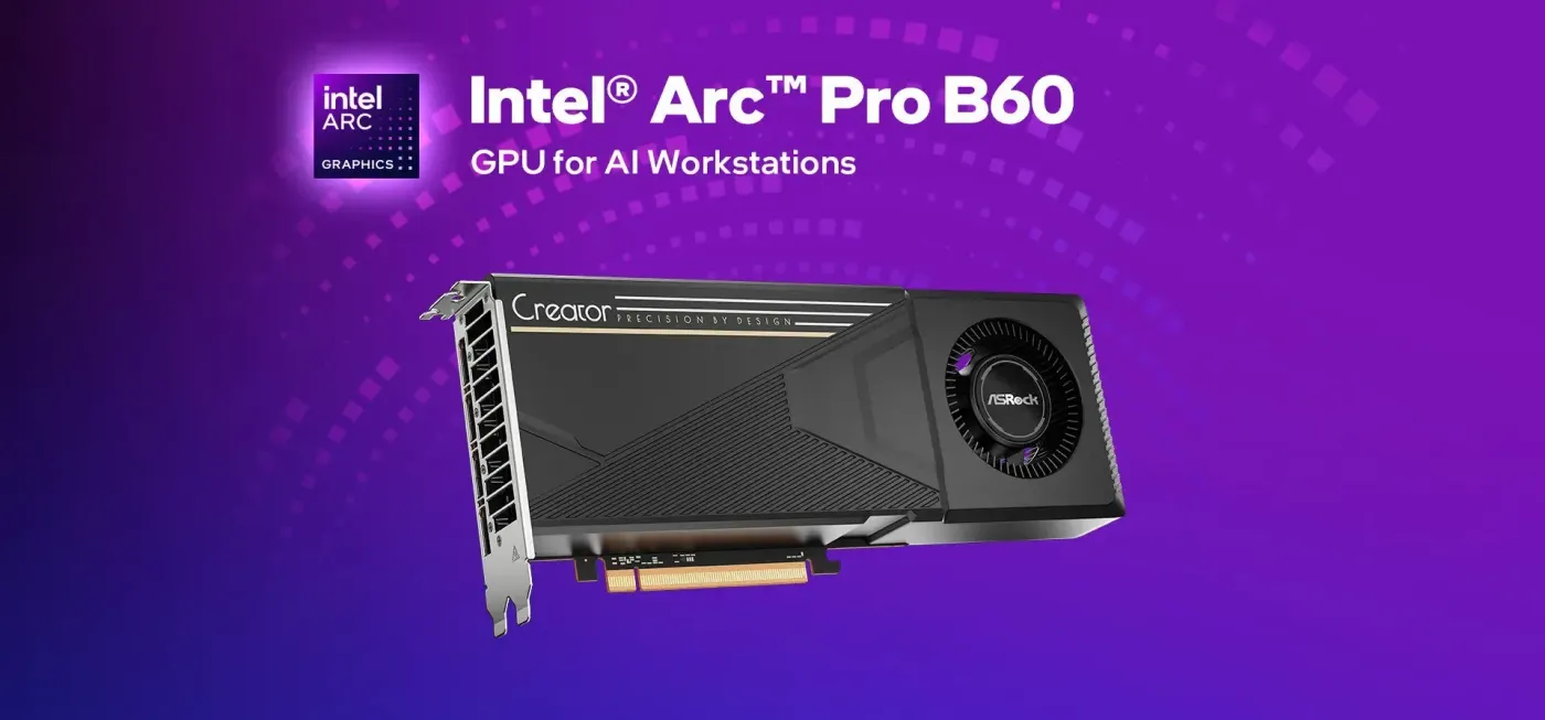 Side profile view of the ASRock Intel Pro B60 Creator graphics card