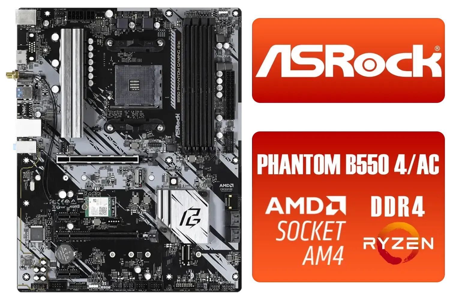ASRock Phantom Gaming B550 4/AC AMD Ryzen Motherboard / Supports AMD Socket AM4 Ryzen™ 3000, 3000 G-Series, 4000 G-Series, 5000 and 5000 G-Series Processors / AMD B550 Chipset / 90-MXBDZ0-A0UAYZ