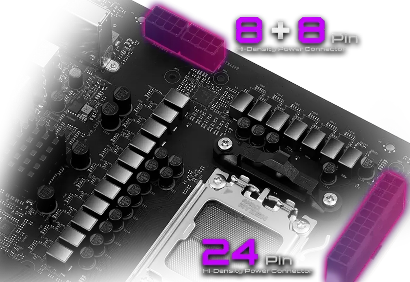 Motherboard VRM area highlighting Dr.MOS power stages and phases