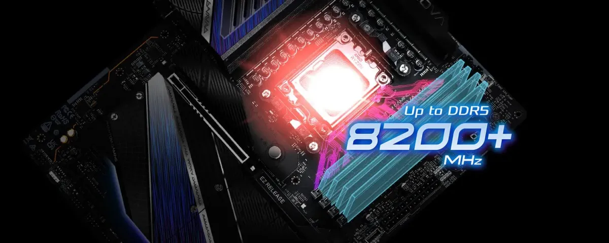 ASRock Phantom Gaming X870E Nova WIFI Motherboard showing DDR5 memory slots