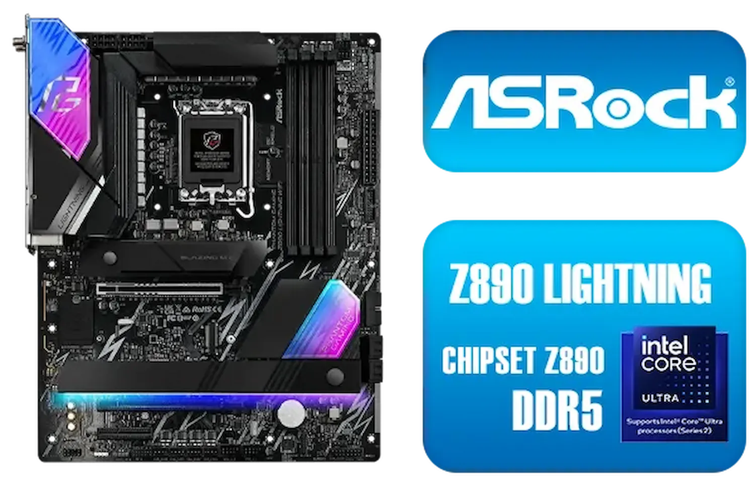 ASRock Phantom Gaming Z890 Lightning WiFi Intel Motherboard / ATX Form Factor / Supports Intel® Core™ Ultra Processors (Series 2) / LGA 1851 CPU Socket / 4x DDR5 DIMM Supporting up to 256GB / 90-MXBPG0-A0UAYZ