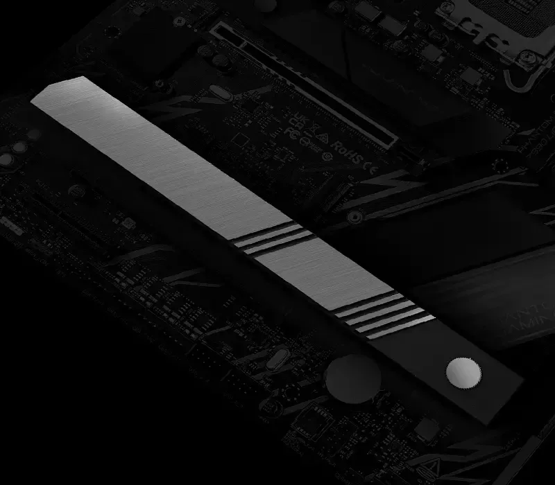 Motherboard I/O cover and M.2 heatsink shown close up