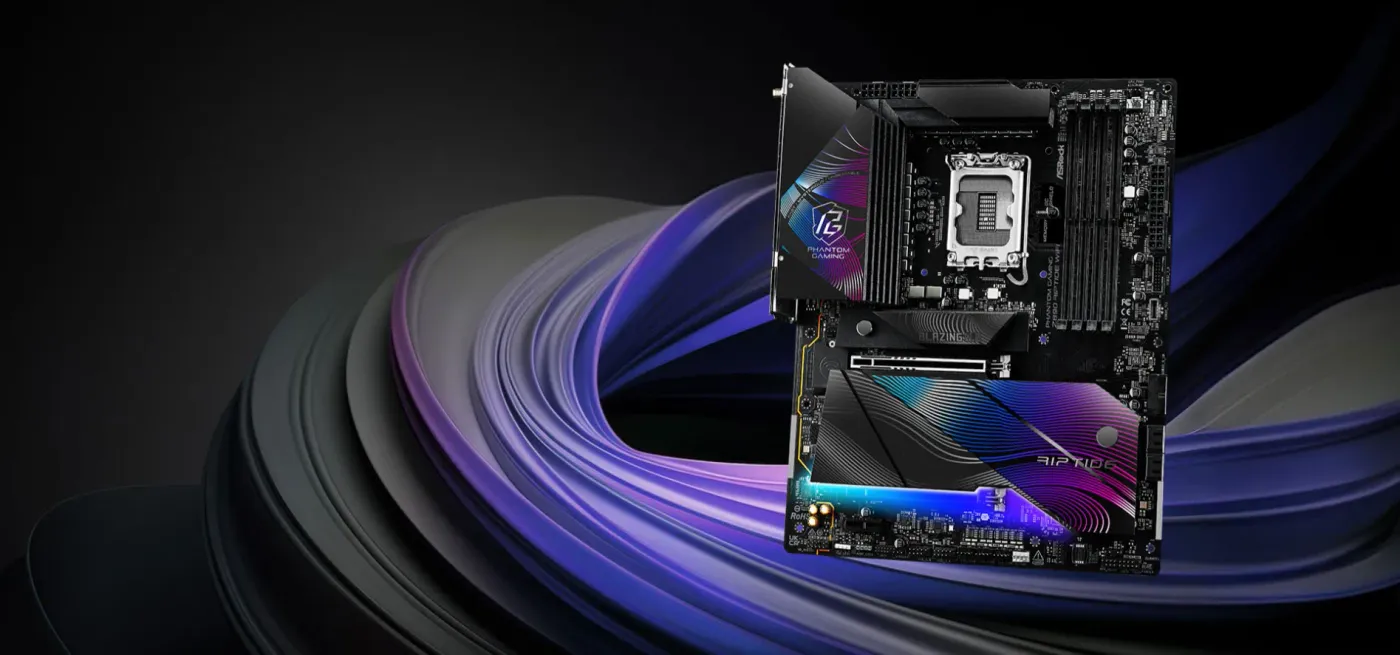 ASRock Phantom Gaming Z890 Riptide motherboard shown in full with its Riptide styling