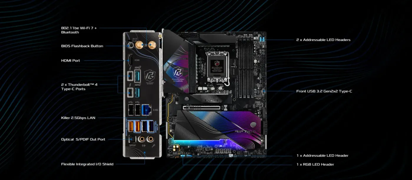 Design detail of the ASRock Phantom Gaming Z890 Riptide motherboard