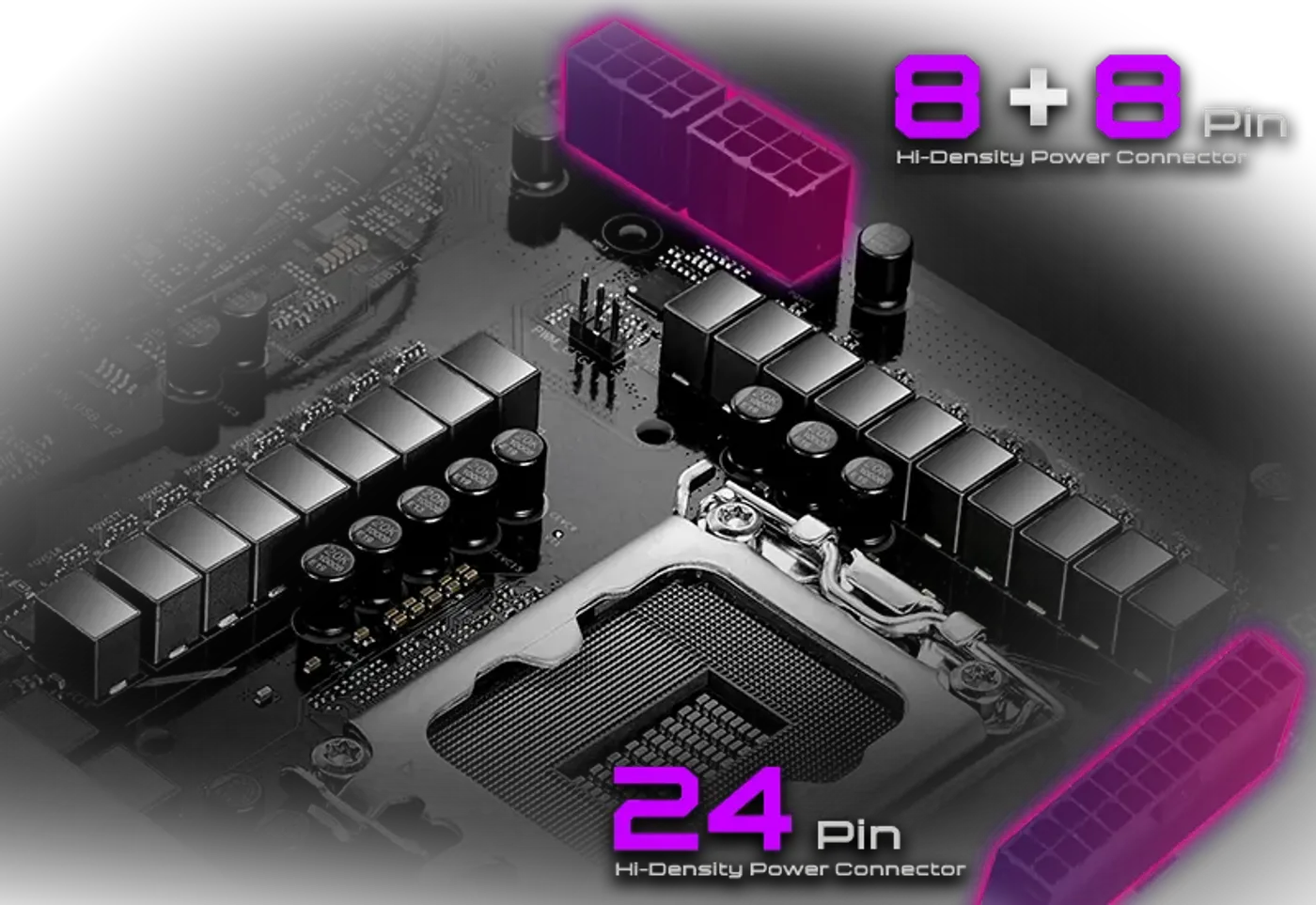 Hi-density power connector on the edge of the Z890 Riptide motherboard