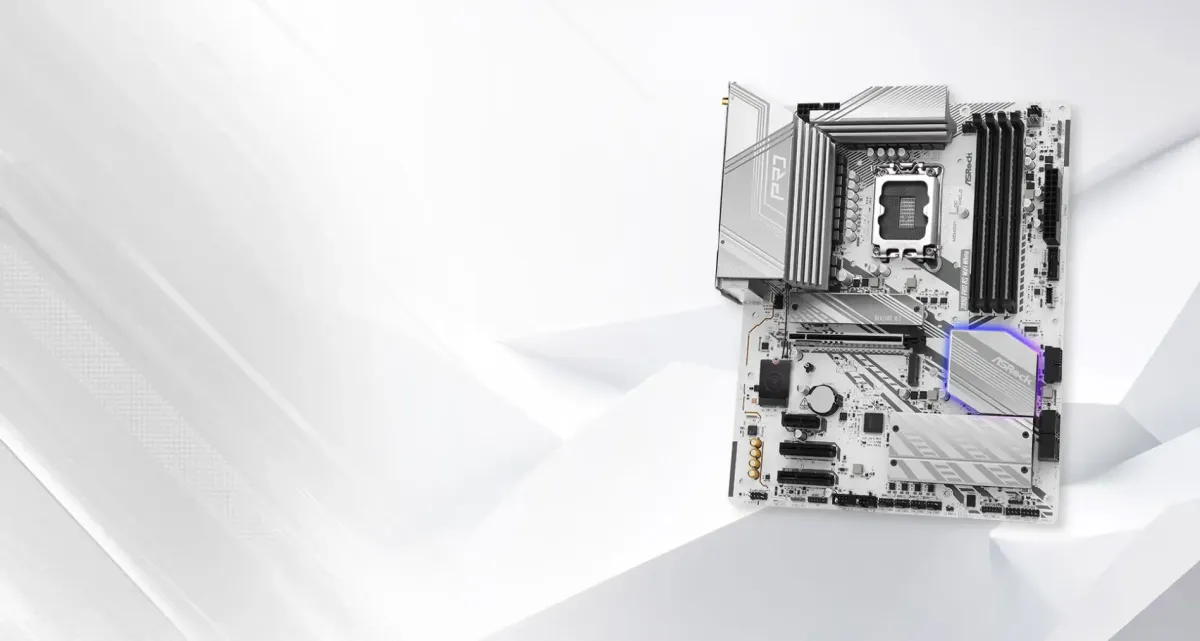 ASRock Z890 Pro RS WiFi motherboard shown front-on with its heatsinks and DDR5 slots