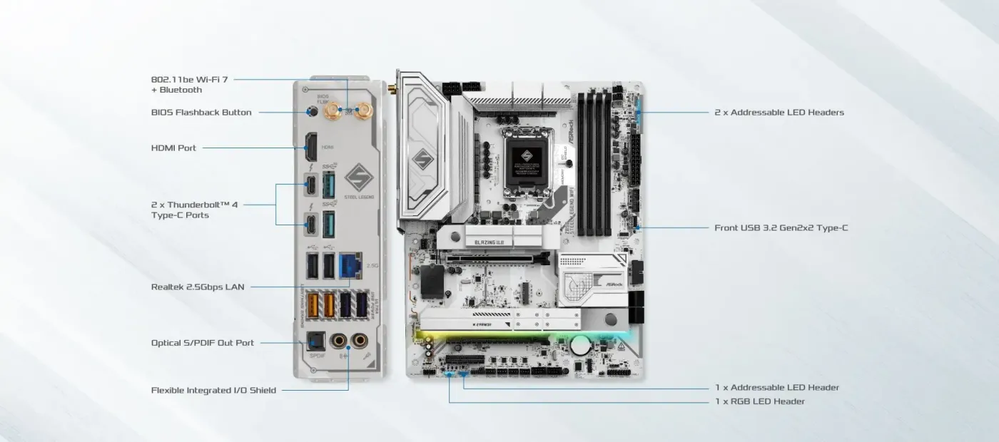 ASRock Z890 Steel Legend WiFi feature banner showing the full ATX board layout