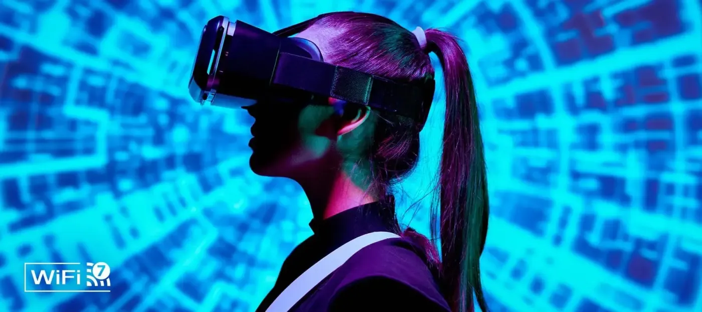 Wi-Fi 7 wireless connectivity illustrated with a VR headset in use