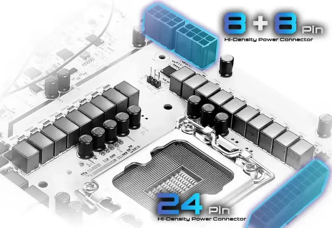 High-density power connector on the edge of the Z890 Steel Legend WiFi board