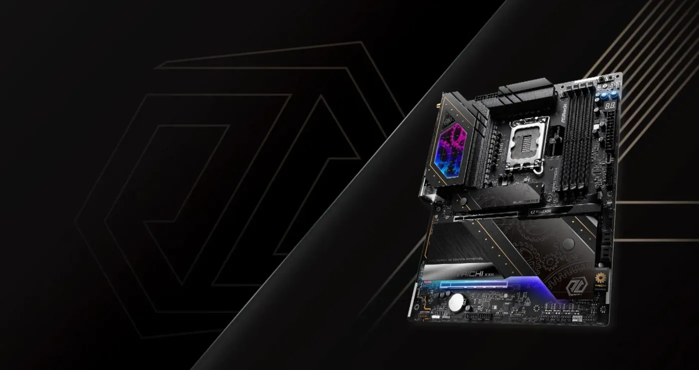ASRock Z890 Taichi Intel motherboard shown in full from the front with its heatsink shroud