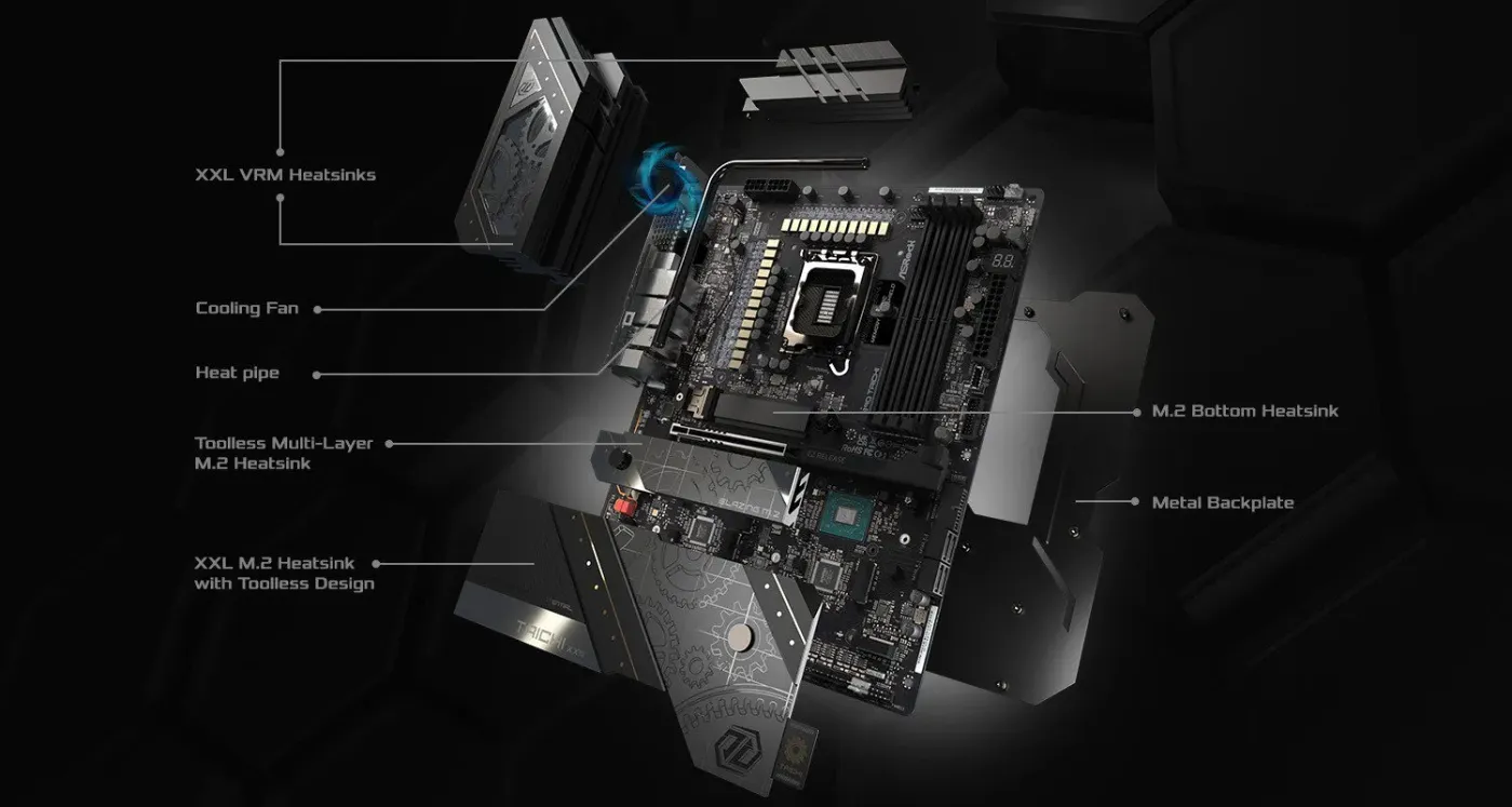Cooling technology view of the ASRock Z890 Taichi heatsink assembly