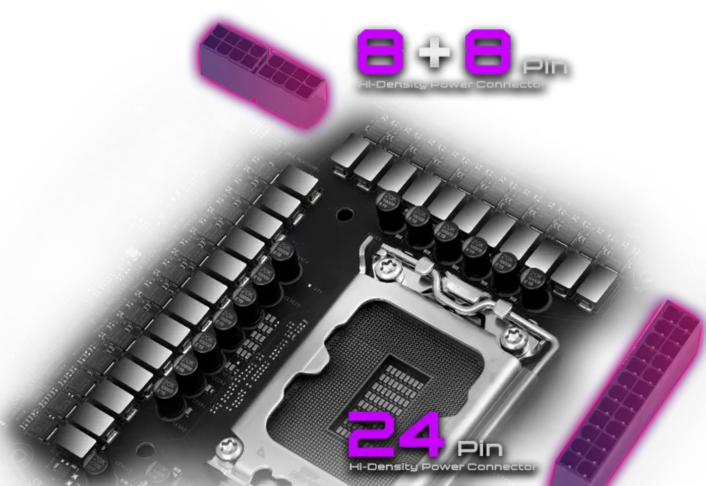 Close view of the Hi-Density power connector on the ASRock Z890 Taichi