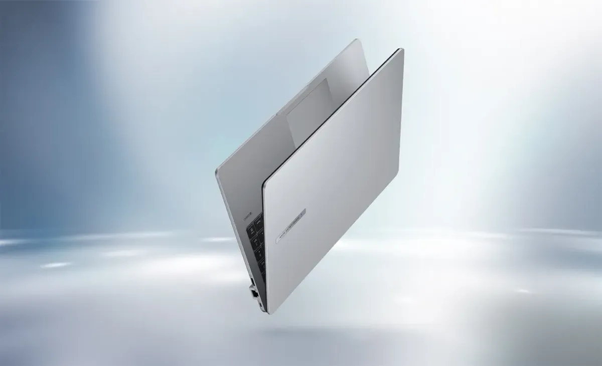 ASUS ExpertBook P1 laptop featuring a sleek misty grey portable chassis design