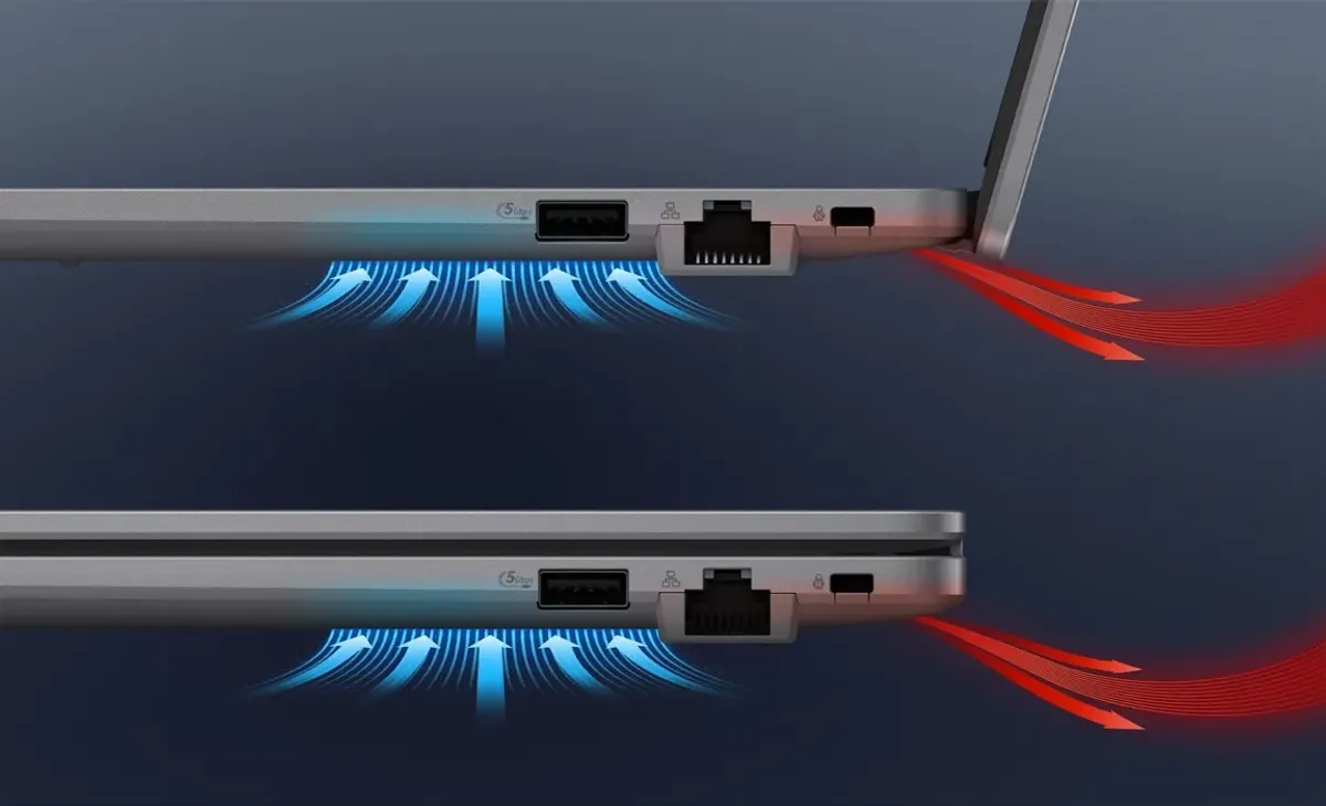 ASUS ExpertBook P1 showing thermal management system with rear-venting heat design