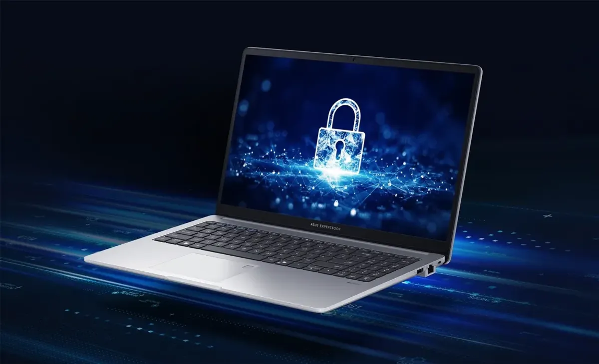 ASUS ExpertBook P1 laptop showcasing its business-grade security features and sleek design