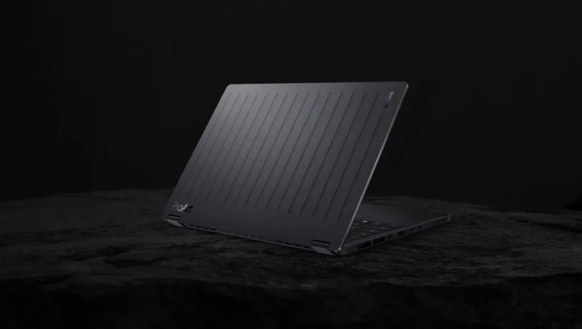 Laptop lid showing precision CNC-engraved horizontal lines for enhanced grip