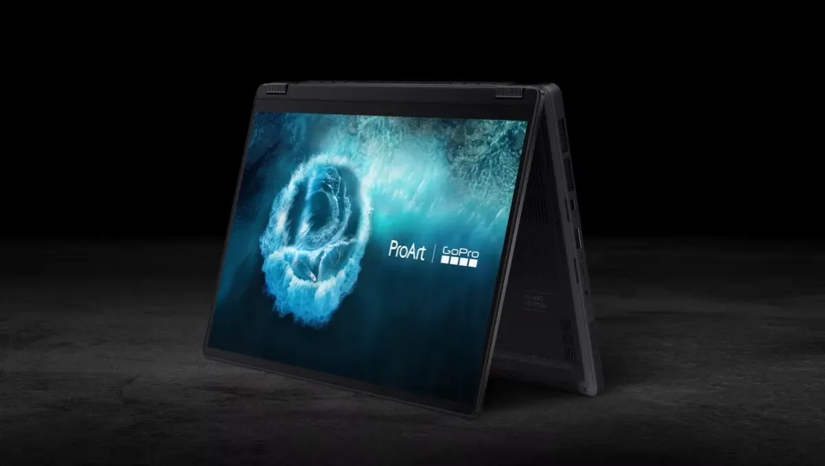 ProArt laptop screen displaying an exclusive ocean-themed GoPro edition wallpaper