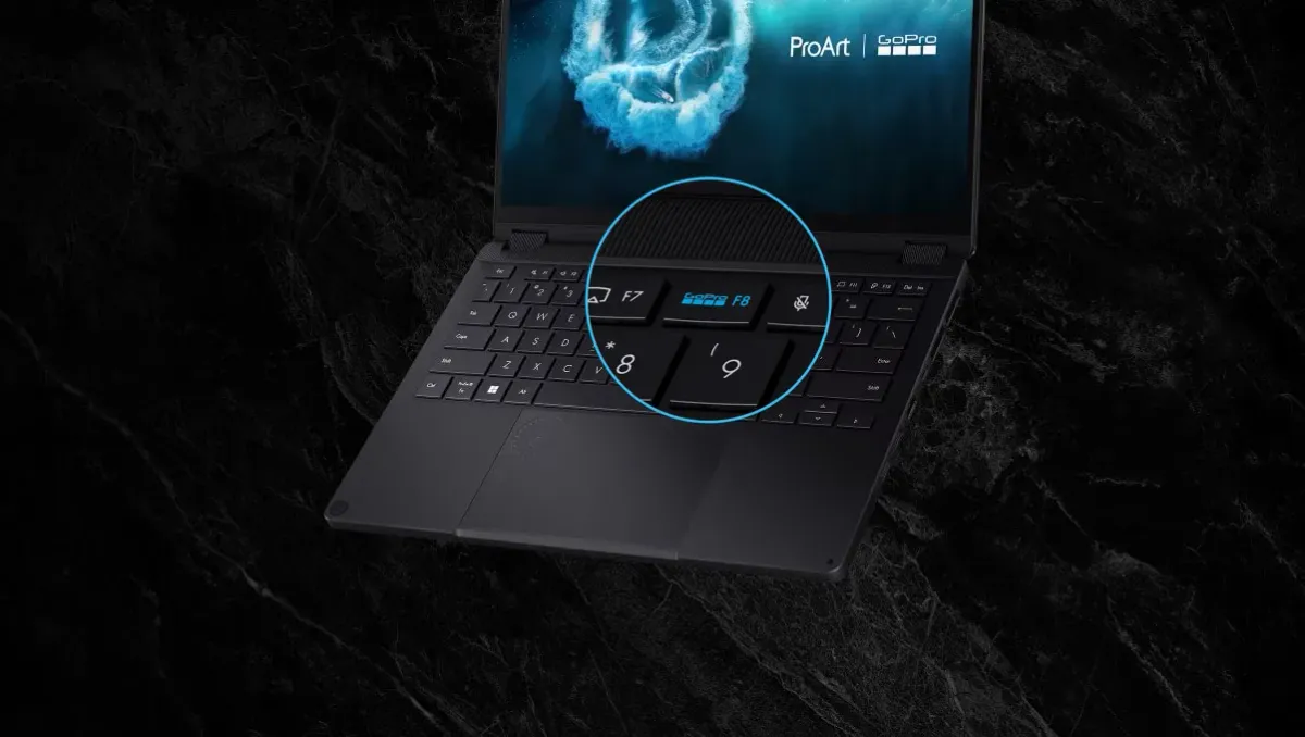 Close-up of the dedicated GoPro Hotkey on the keyboard with glowing ring