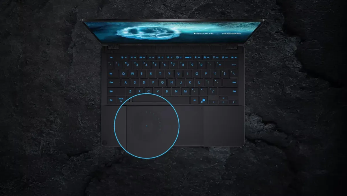 Close-up of the ASUS DialPad featuring a distinct cyan indicator light
