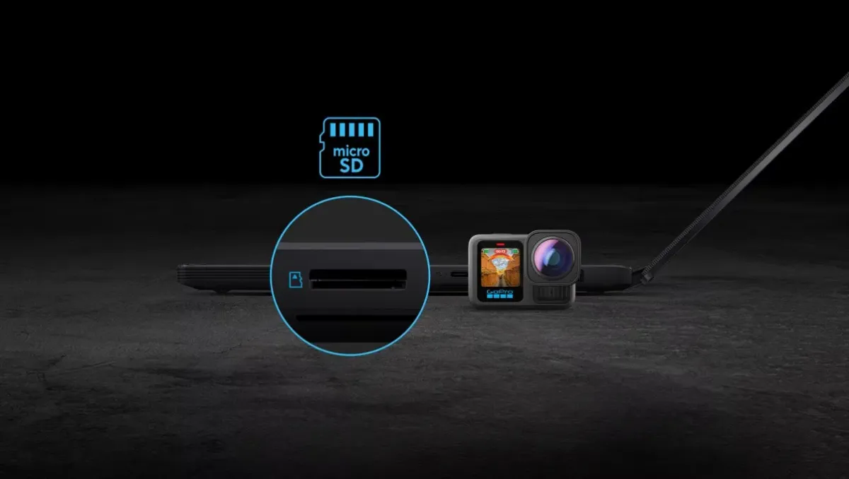 MicroSD card reader slot highlighted for seamless camera-to-laptop file transfer