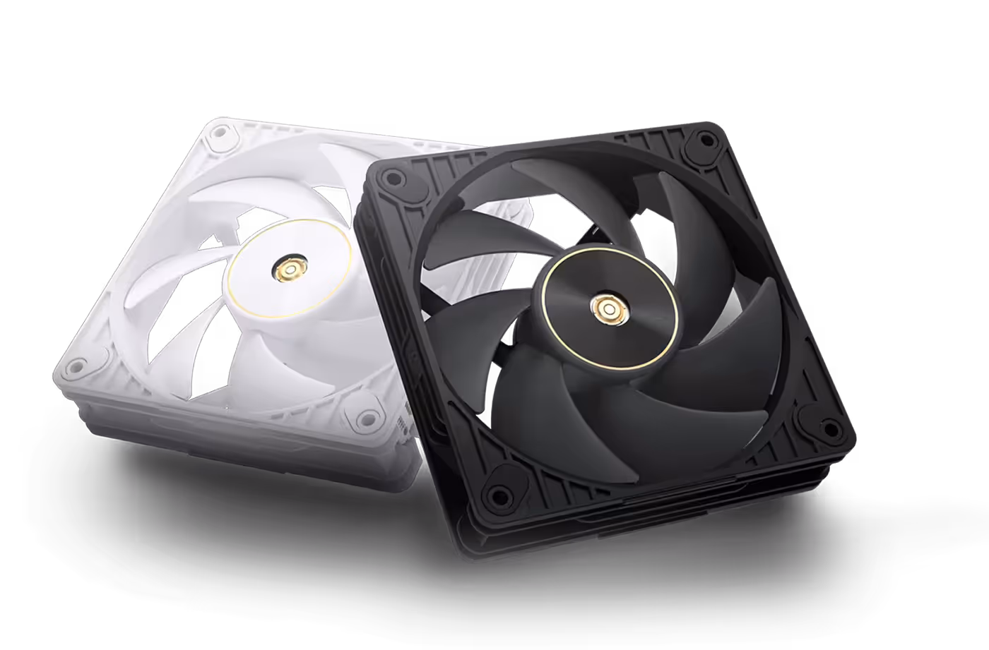 Two ProArt PF120 fans on a dark surface; one is black, the other white.