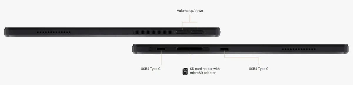 A left side and a right side of product photo. Volume up/ down button, USB4 Type-C port, SD card reader port with microSD adapter icon, USB4 Type-C port