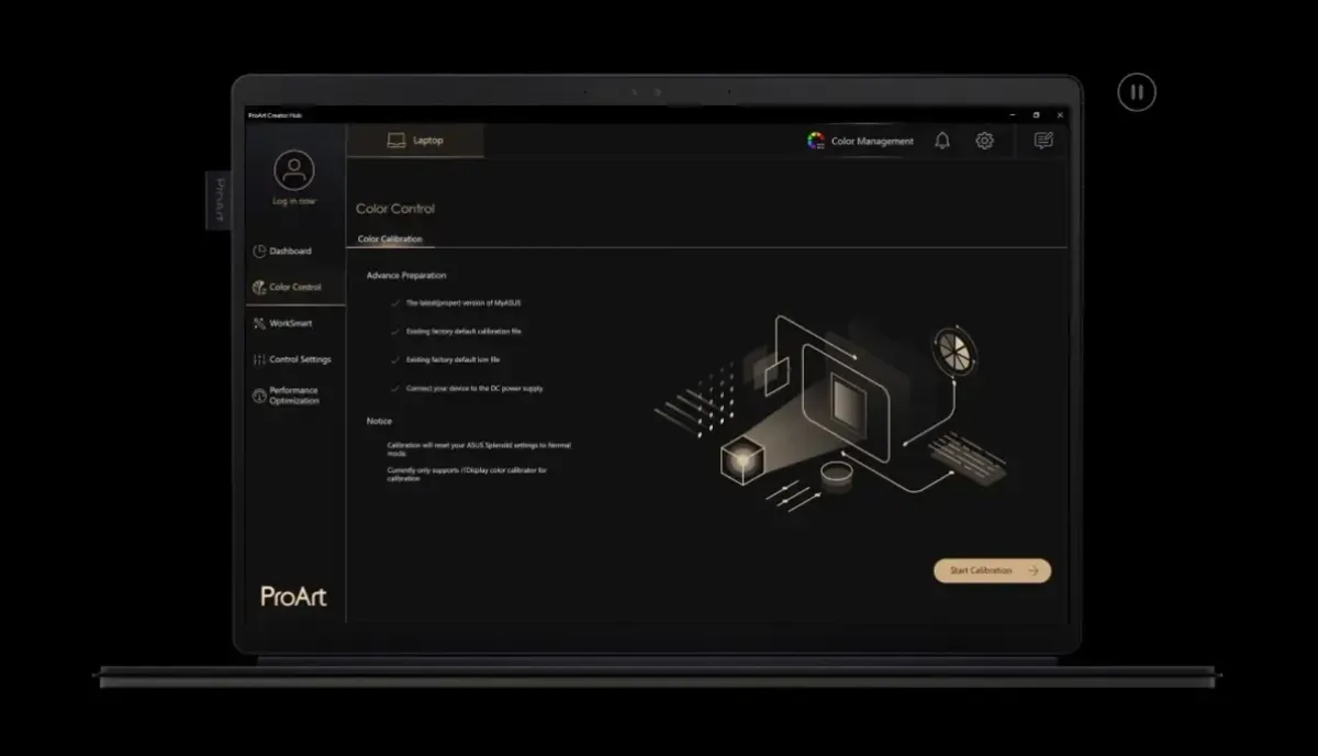 A ProArt Studiobook with ProArt Creator Hub app Color Control UI in the screen.