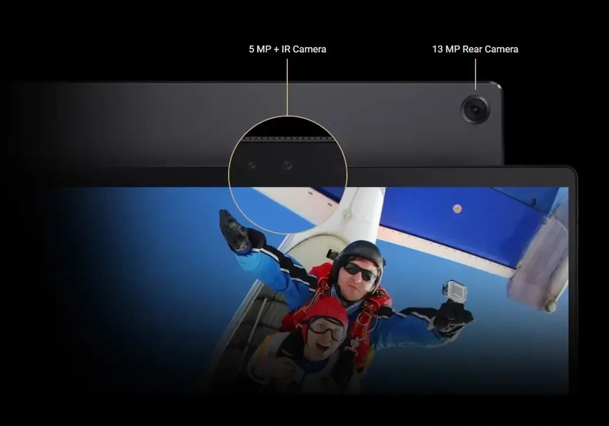 A front facing product photo with a woman travel selfie in-screen.