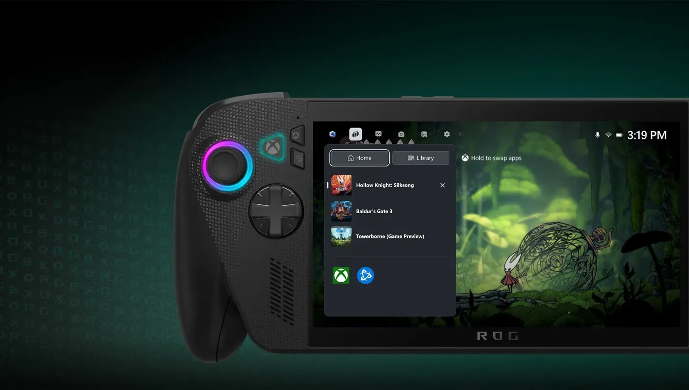 ASUS ROG Ally handheld console showcasing integrated Xbox Game Bar interface