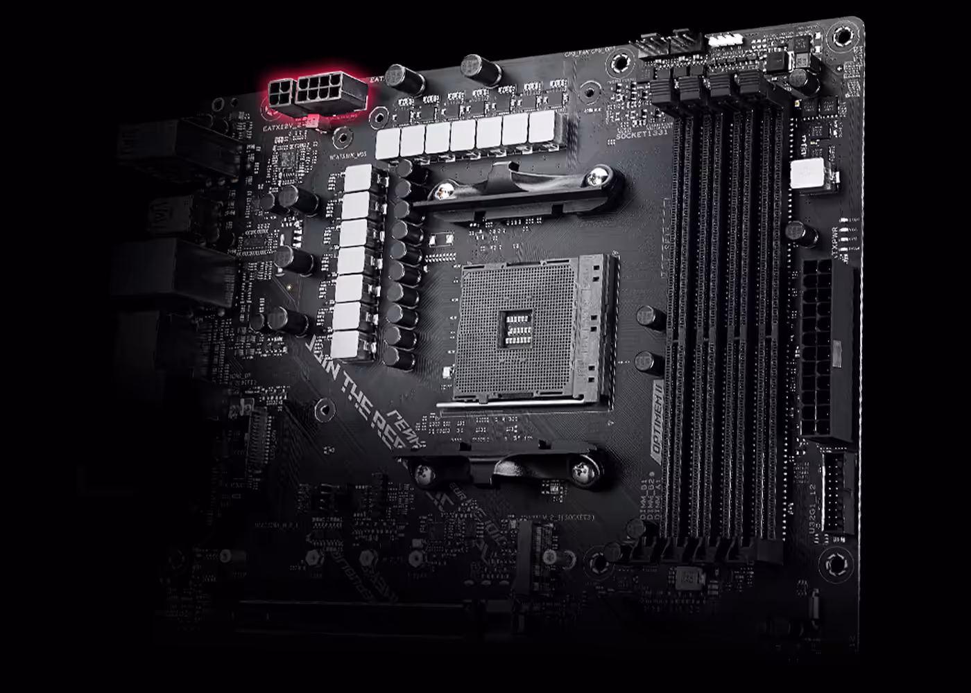 Close-up of ProCool II power connectors on the ROG Strix B550-F Gaming WiFi II