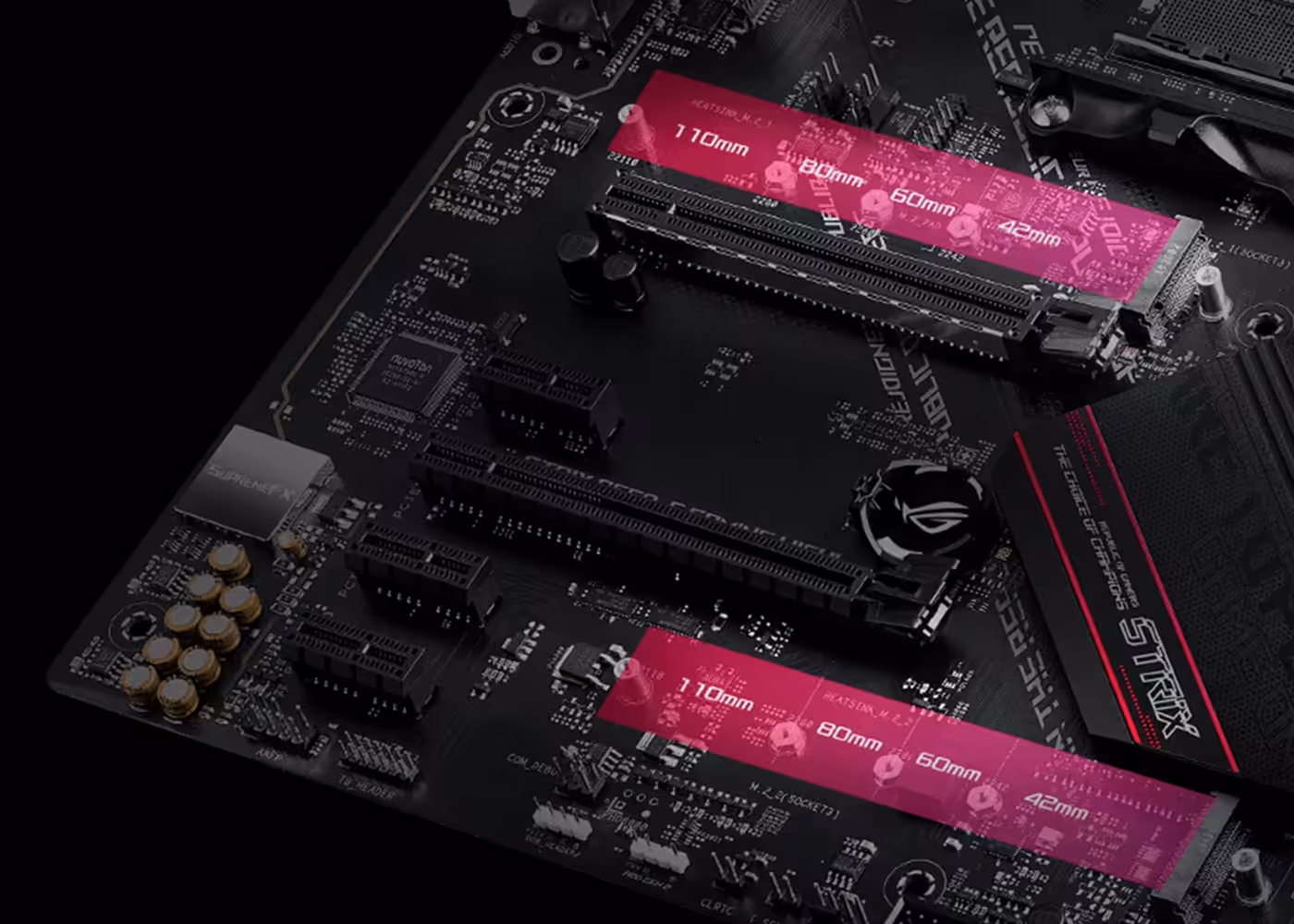 ROG Strix B550-F Gaming WiFi II motherboard showing M.2 storage slots with PCIe 4.0 support