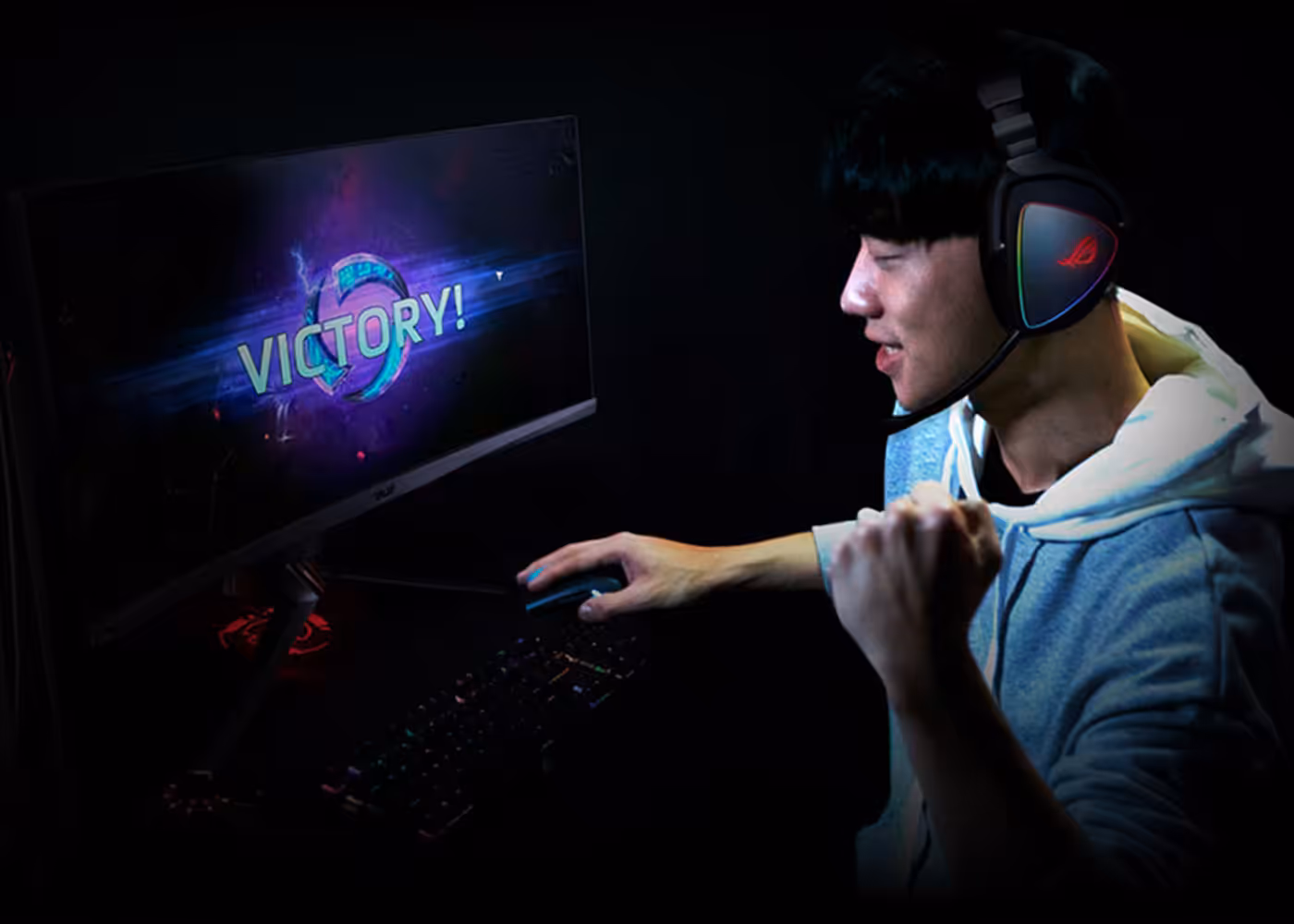 Gamer using AI noise cancellation technology during an intense online gaming session