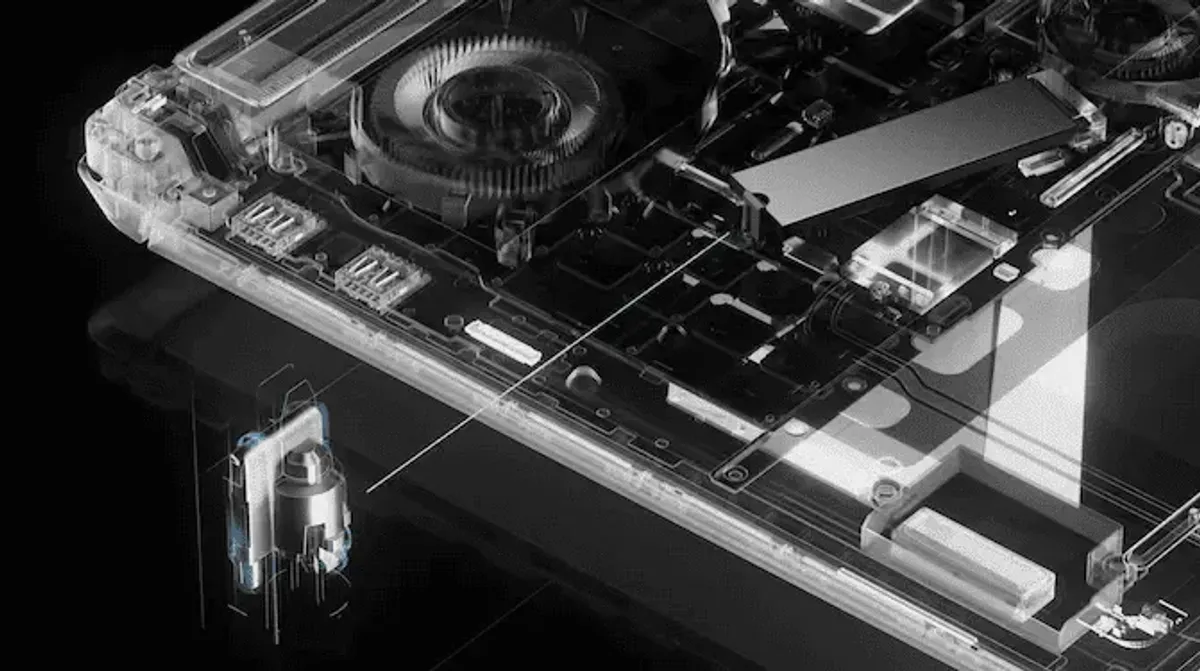 Close-up of the Q-latch tool-less plastic hinge system for secure M.2 SSD installation