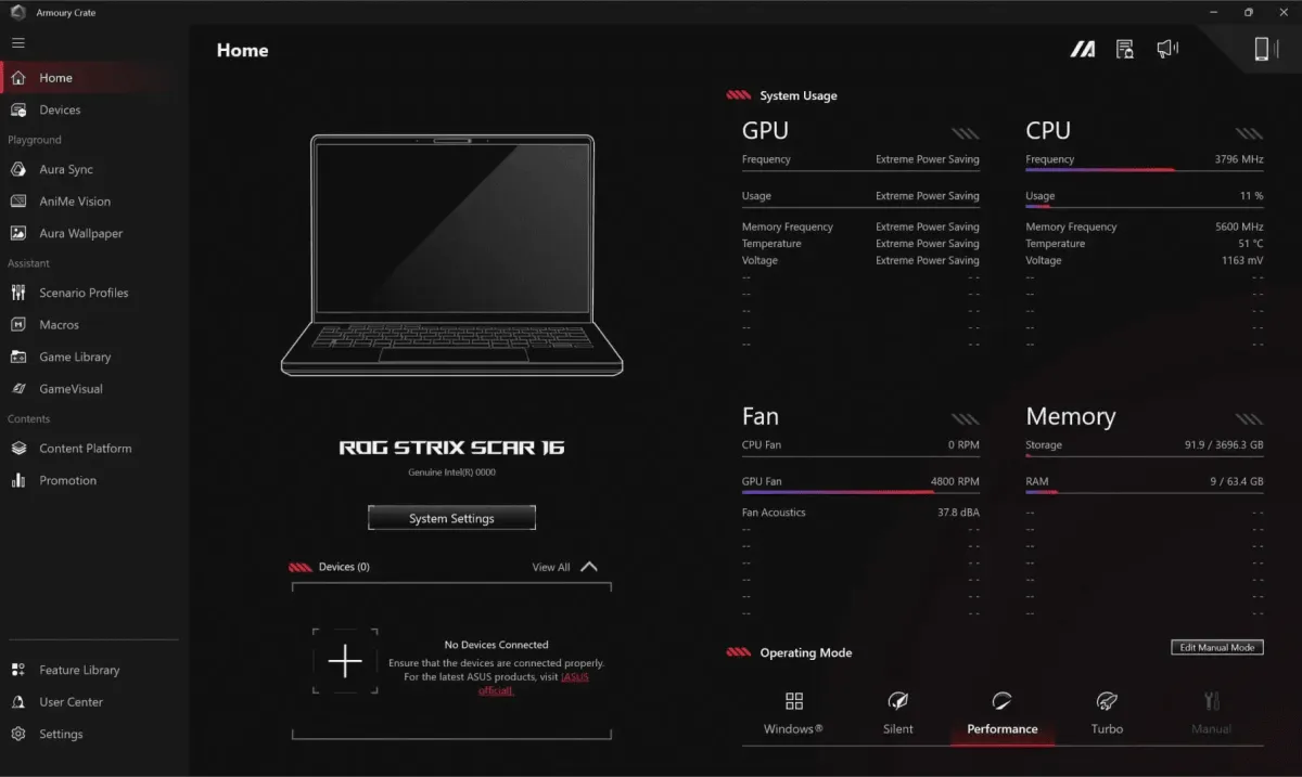 Armoury Crate interface showing real-time system monitoring and performance settings