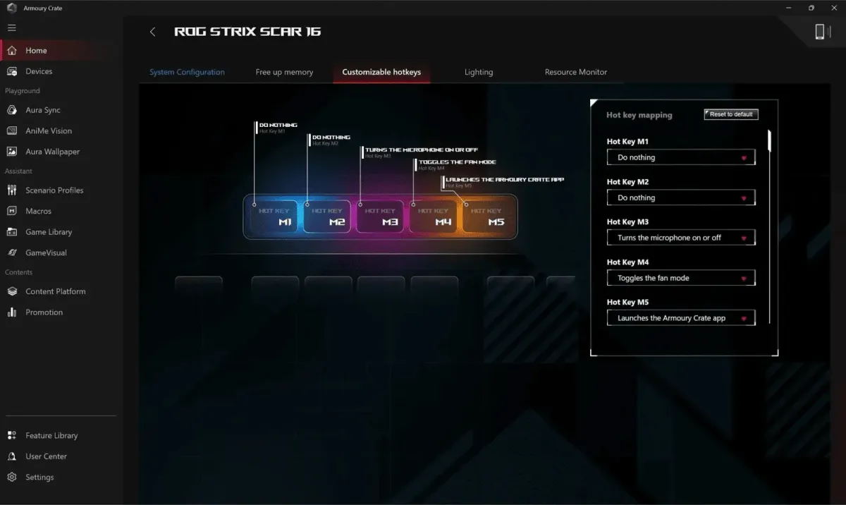 Interface for remapping dedicated macro keys and hotkeys in Armoury Crate