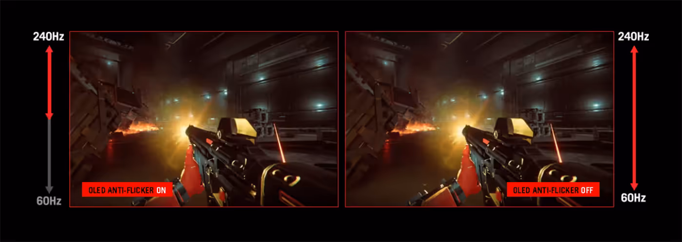 Comparison of FPS gameplay showing stable visuals with OLED Anti-flicker enabled