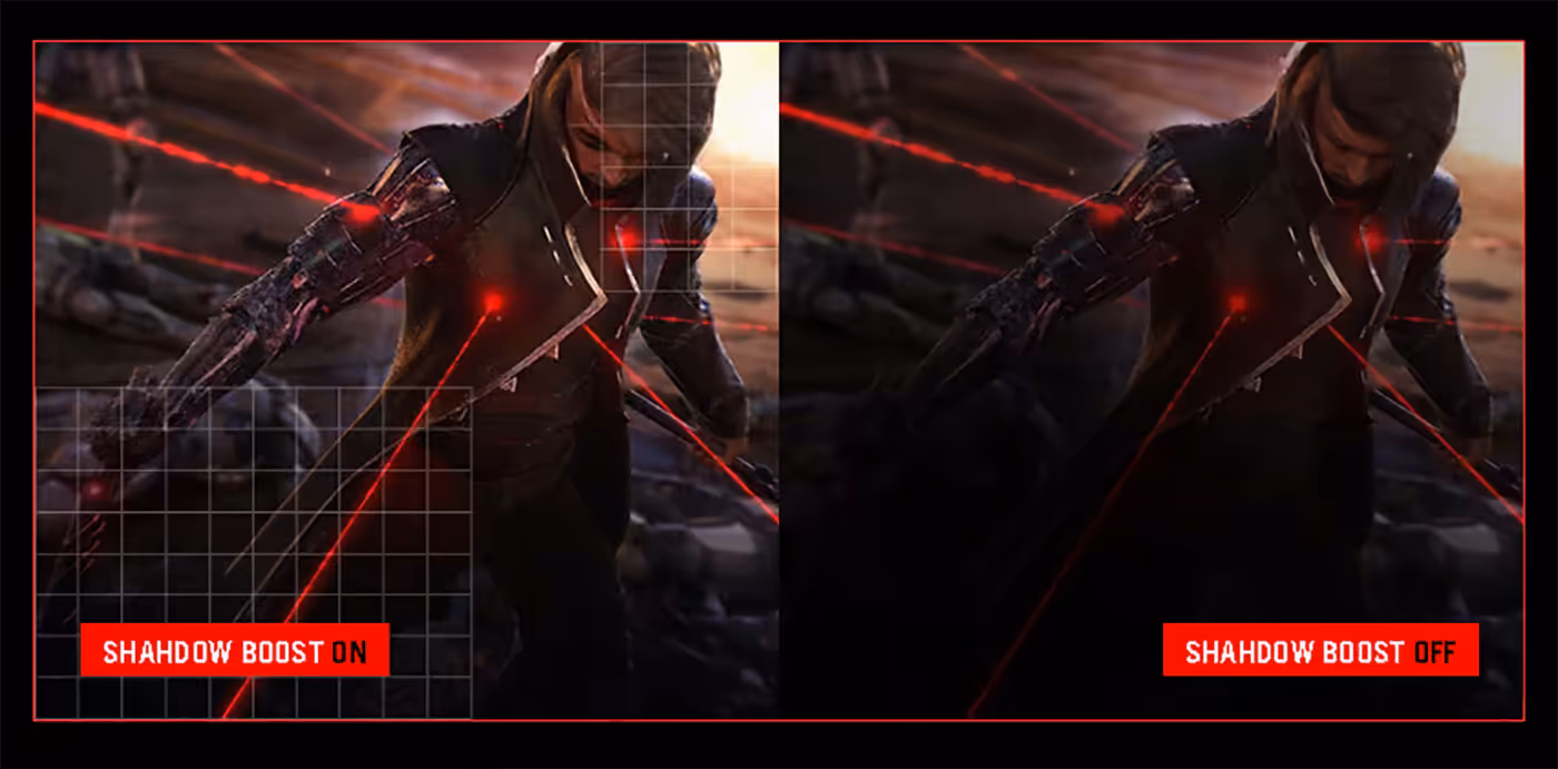 Side-by-side comparison showing improved visibility with Shadow Boost enabled in dark gaming environments