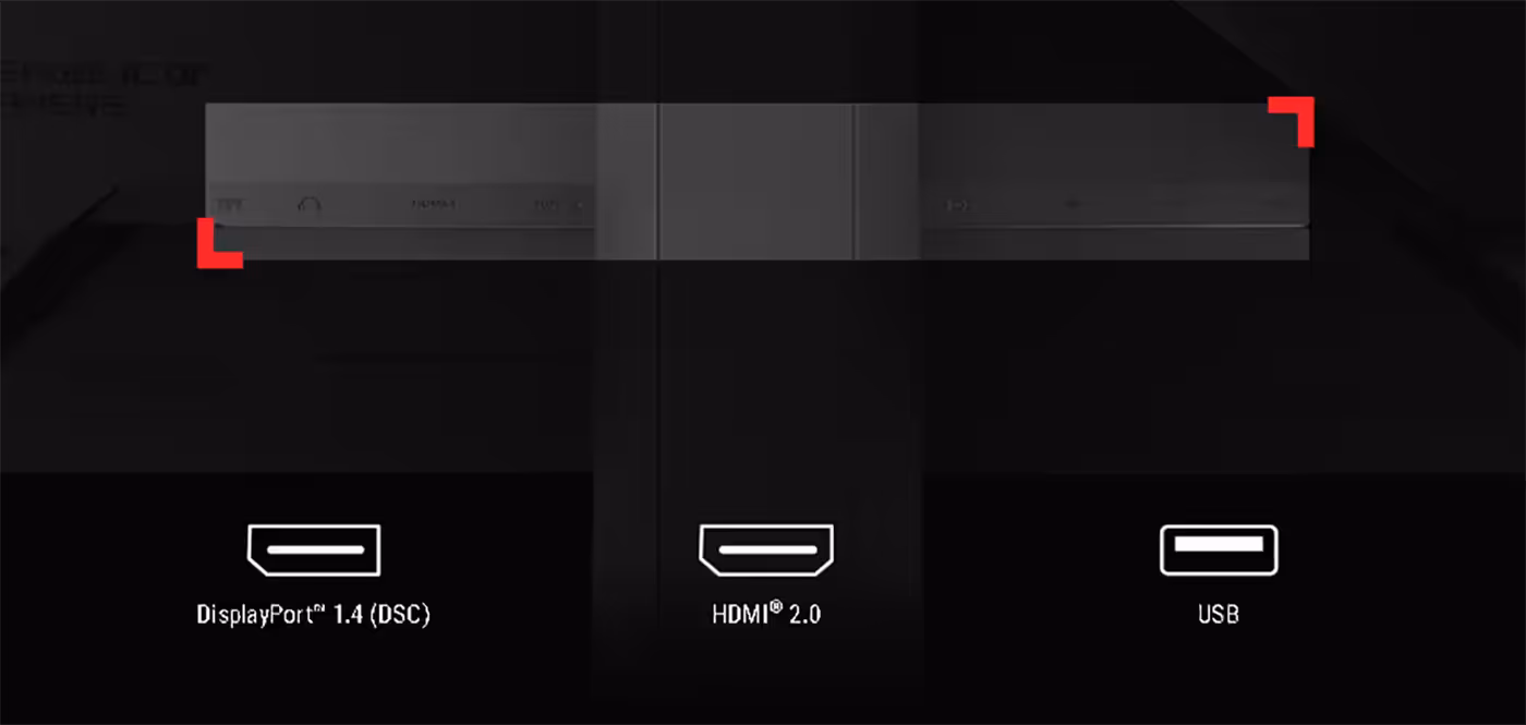 Rear input panel showing DisplayPort 1.4, HDMI 2.0, and USB hub ports