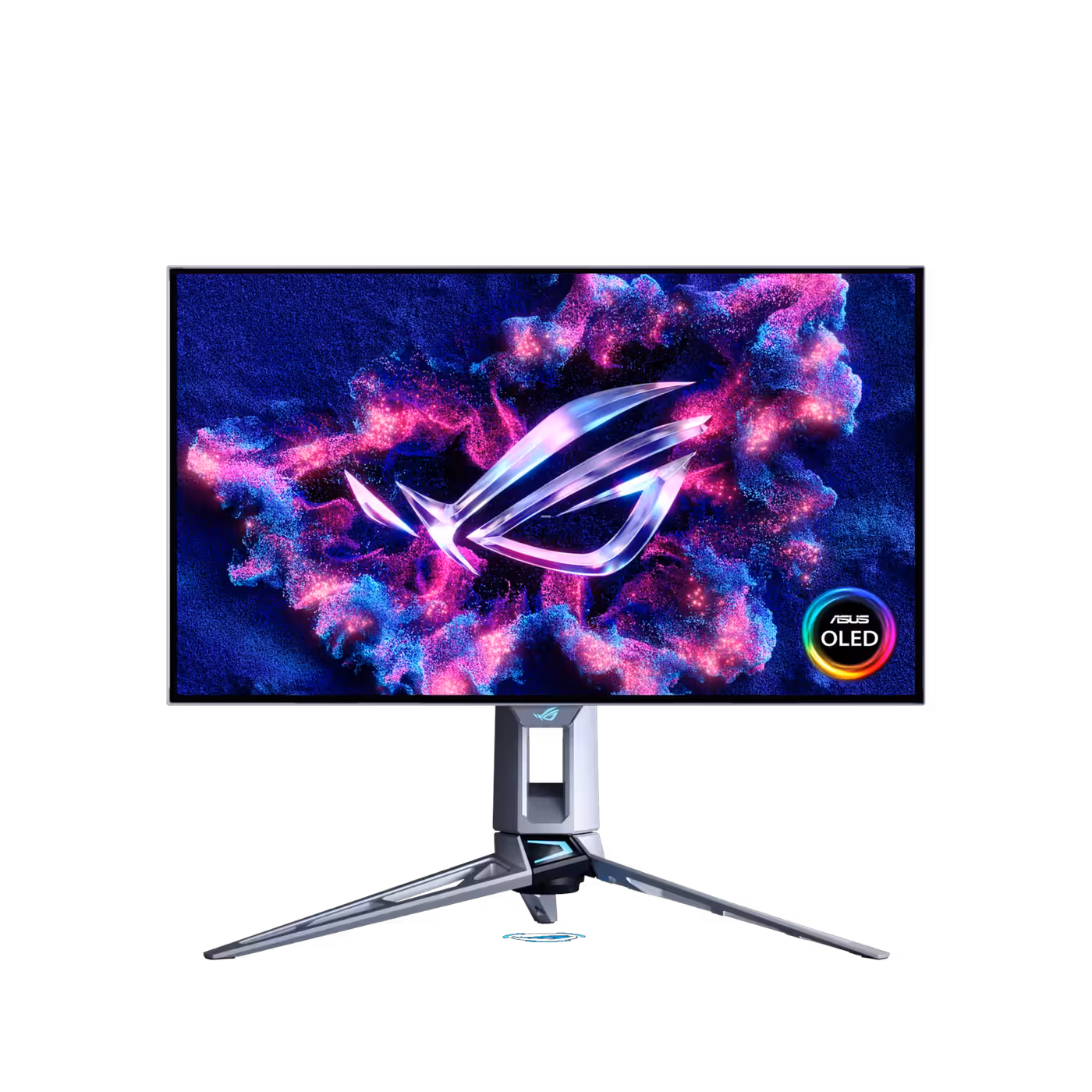 ASUS ROG Swift OLED PG27AQWP-W front view showing the ROG logo artwork and OLED badge