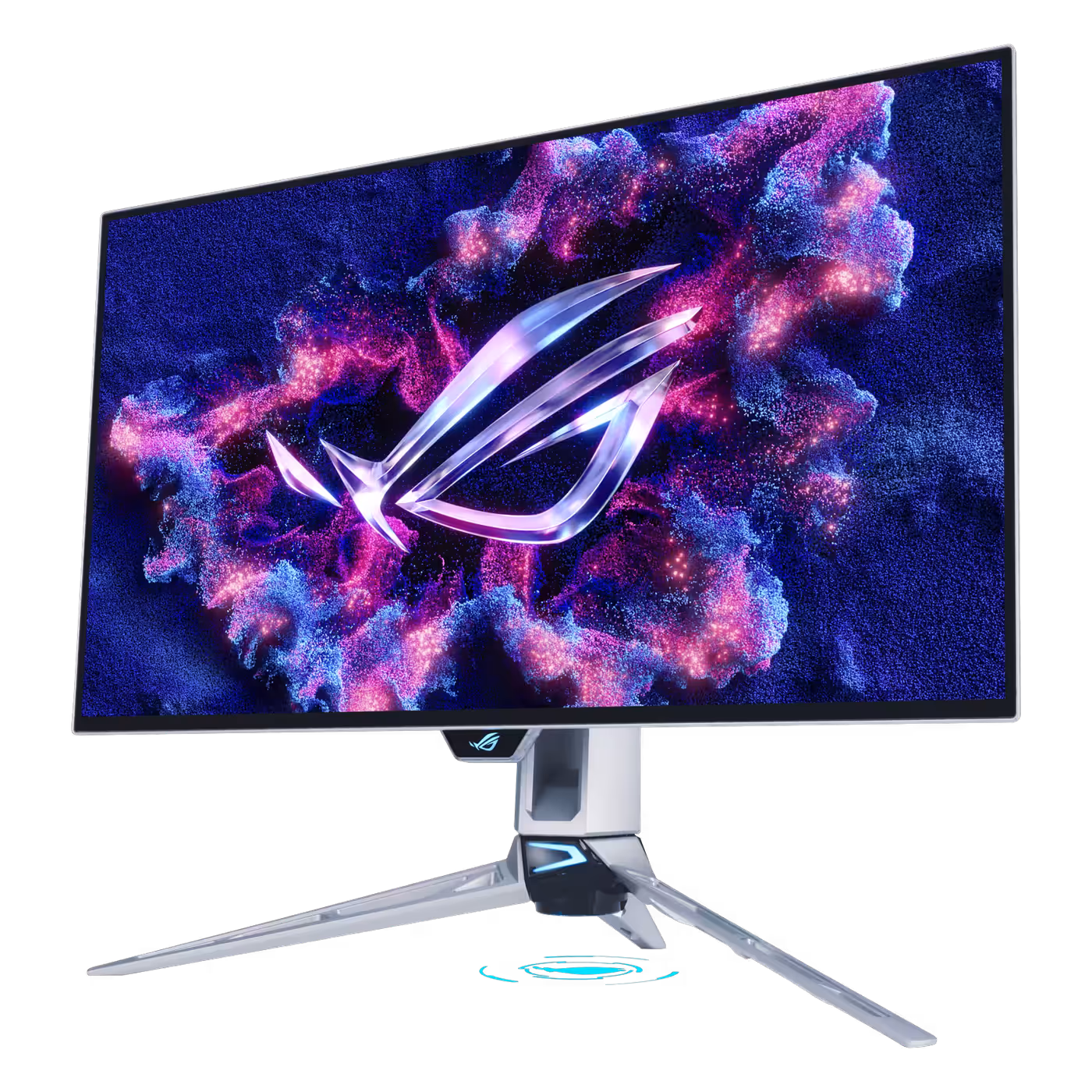 ASUS ROG Swift OLED PG27AQWP-W at an angle showing the full screen