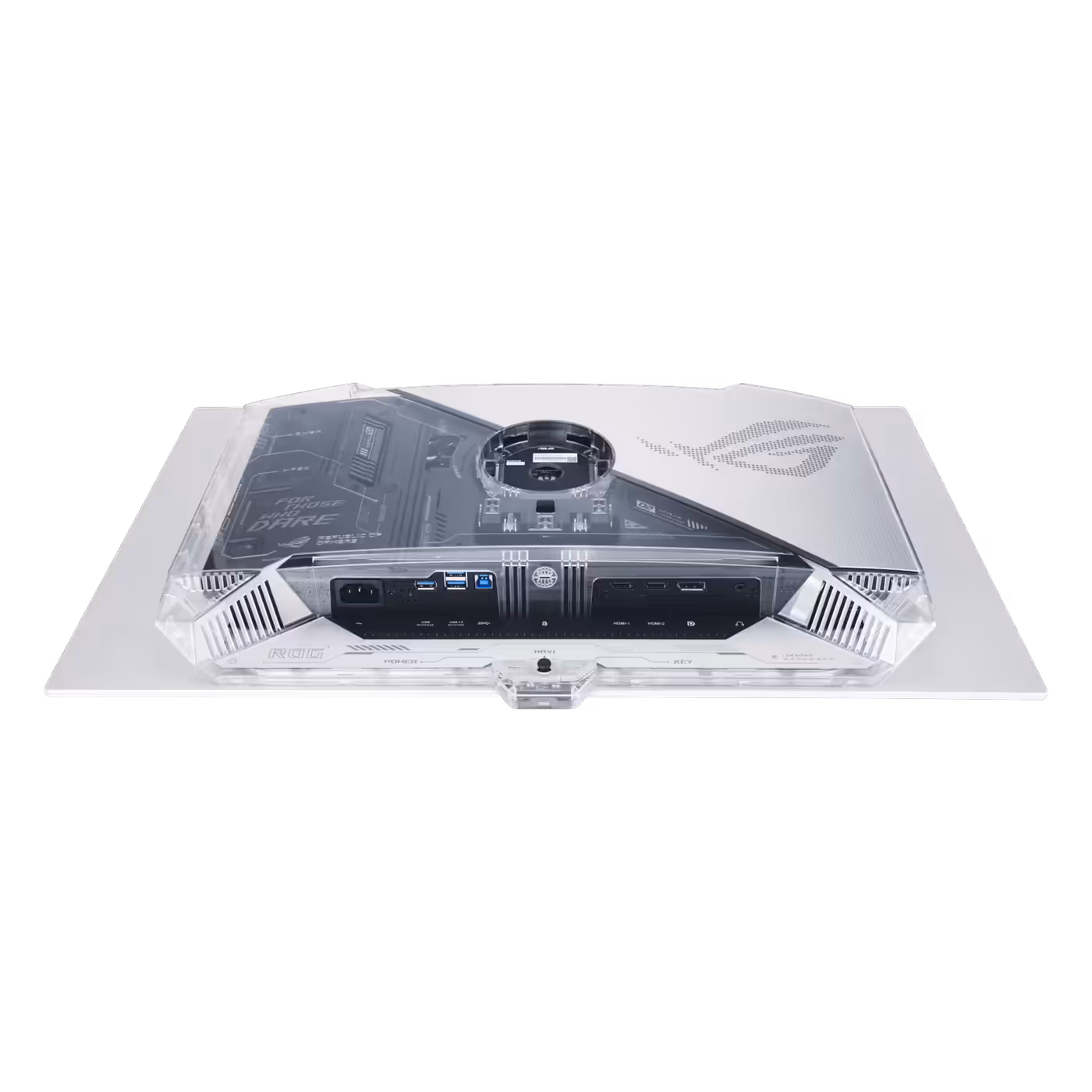 ASUS ROG Swift OLED PG27AQWP-W seen from behind showing the rear panel