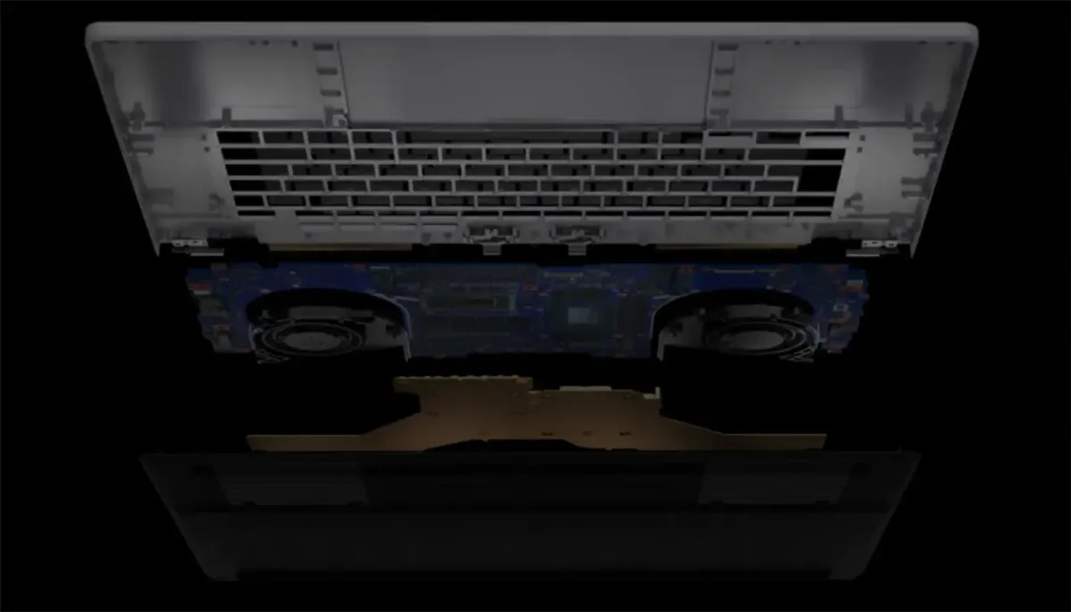 Internal view of the laptop's advanced triple-fan and vapor chamber cooling system