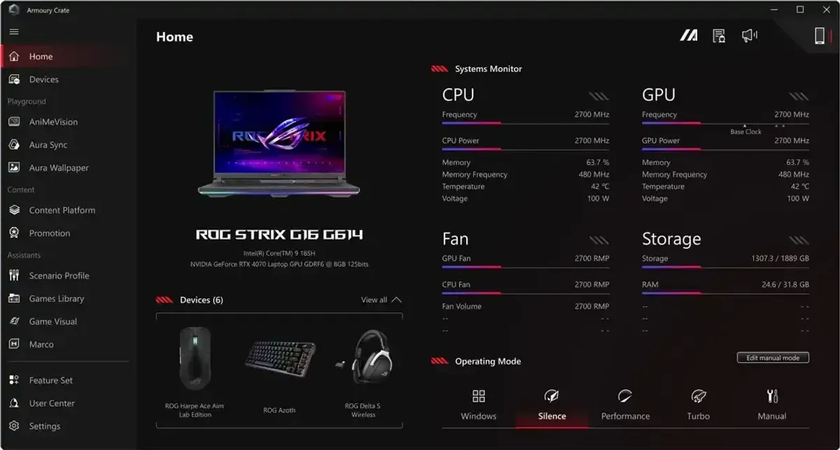 Armoury Crate software interface showing different performance and silent power modes