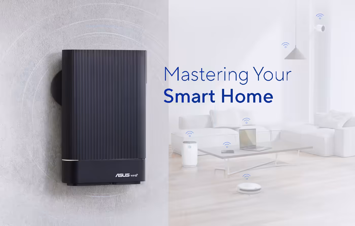 Smart home networking environment featuring the RT-AX59U router for multiple connected devices