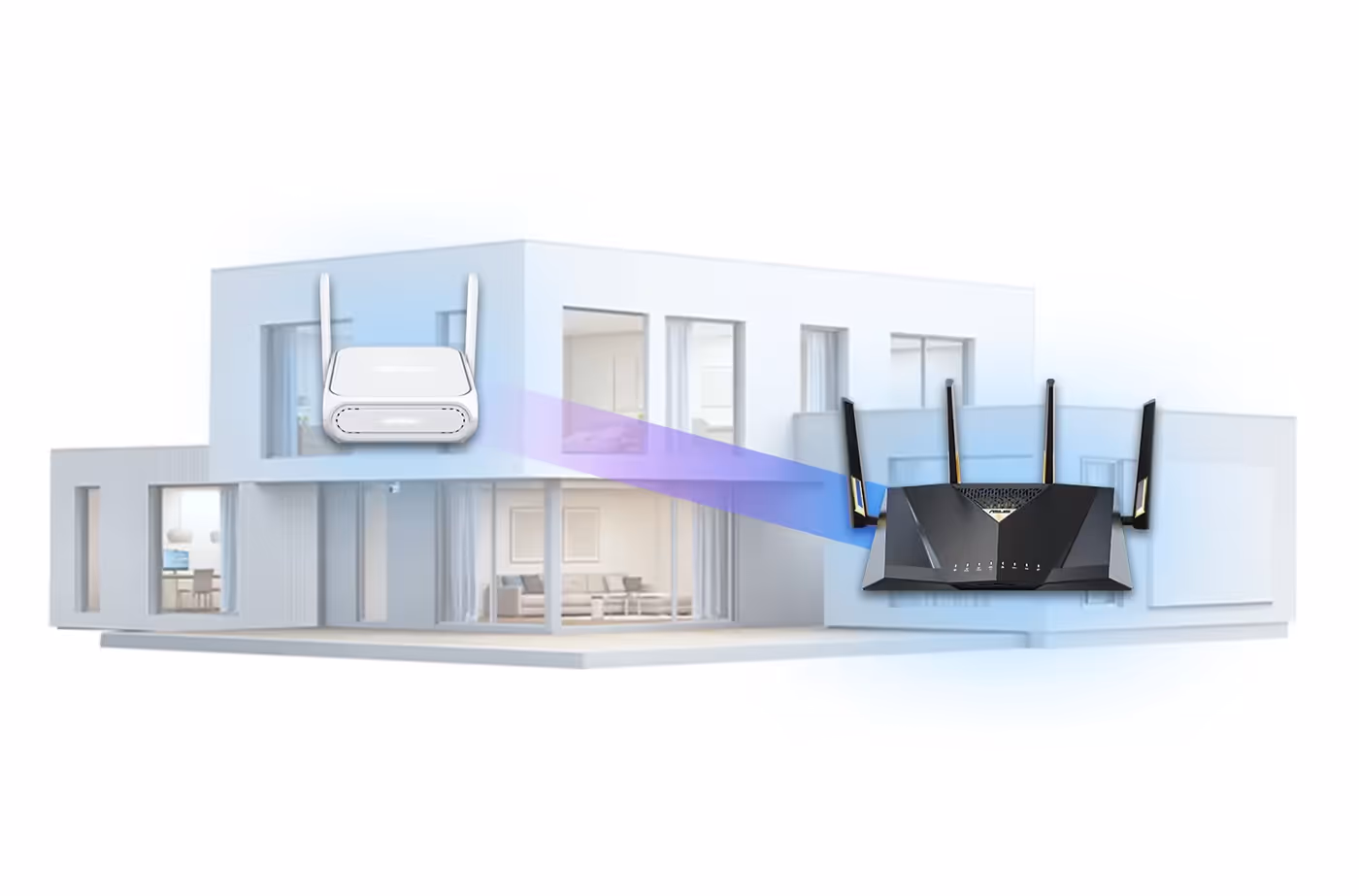 Illustration showing the RT-BE58 Go acting as an AiMesh node to extend home WiFi coverage