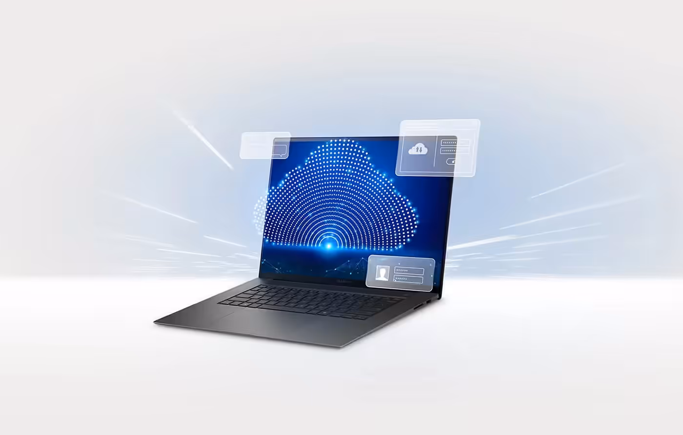 Laptop displaying a digital security interface representing cloud-based network protection