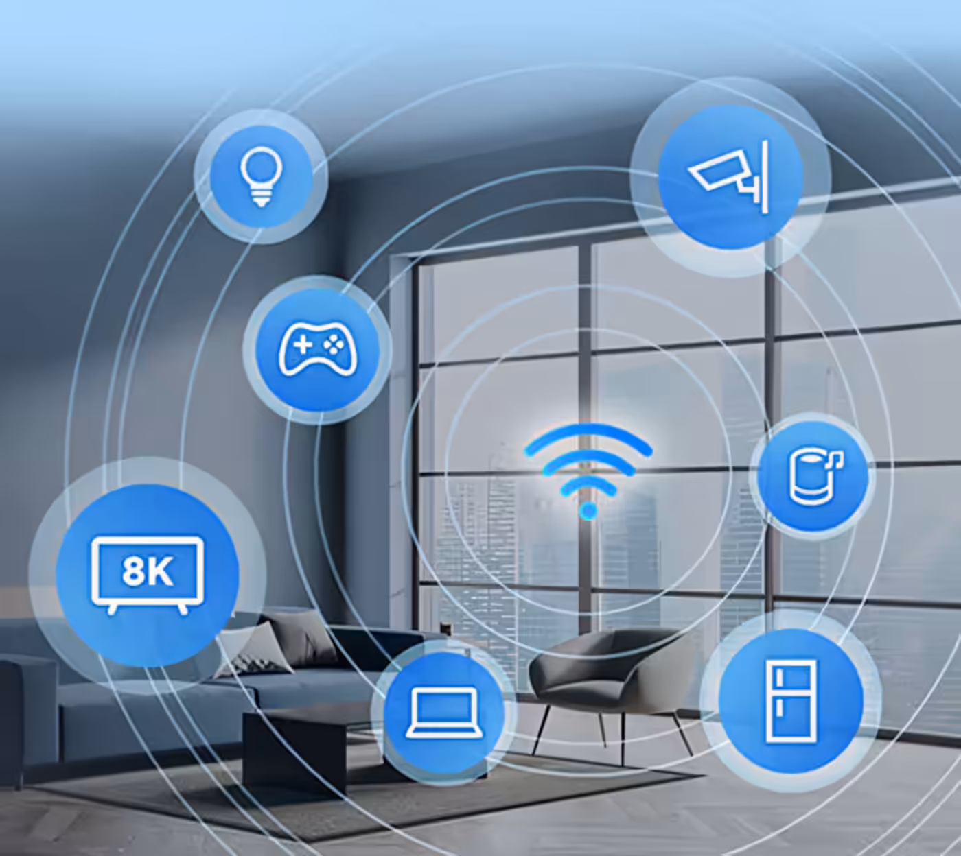 Smart home device icons secured under a centralized WiFi connection