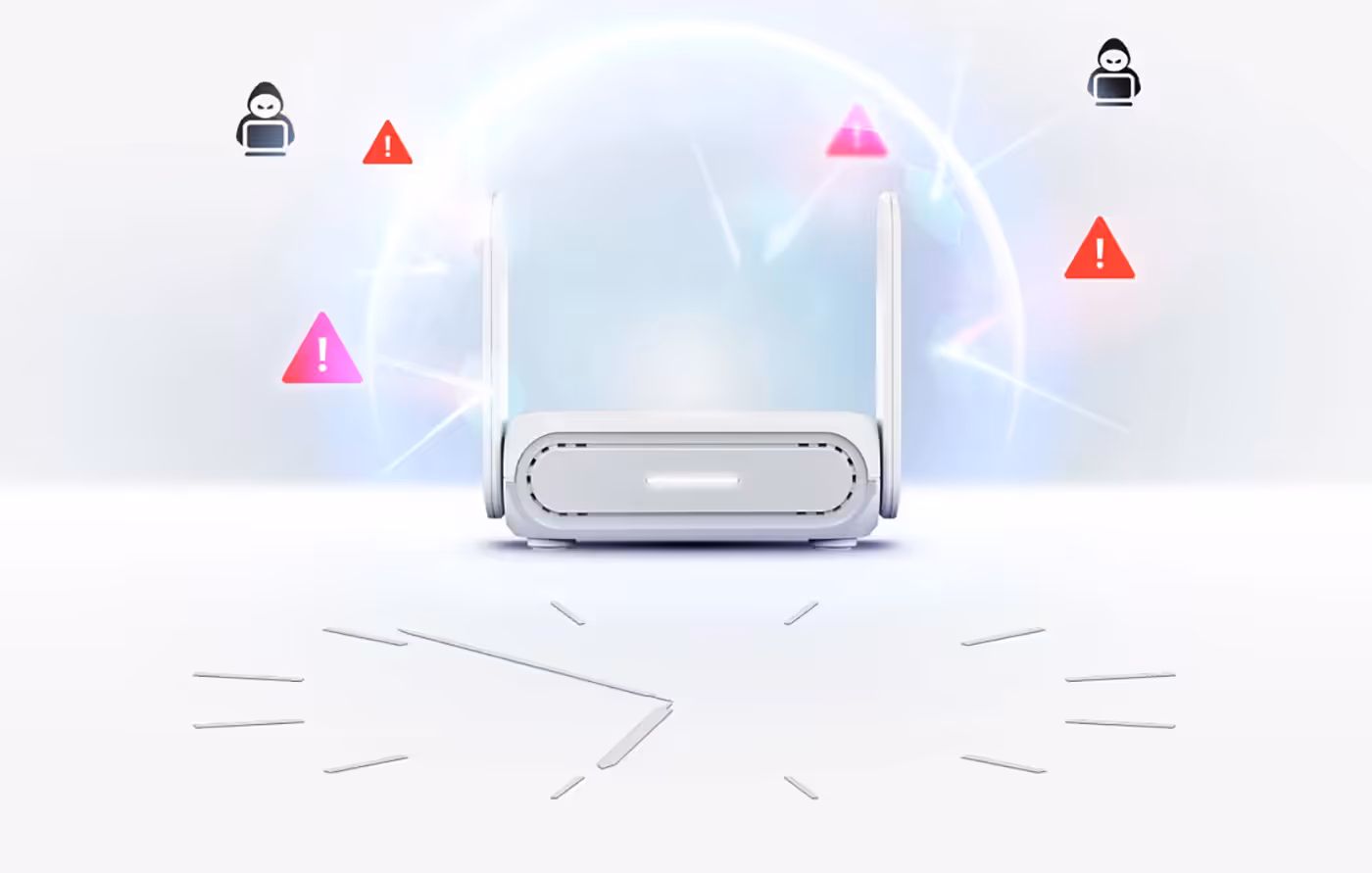 Router with a digital shield and clock icon representing continuous network security protection.