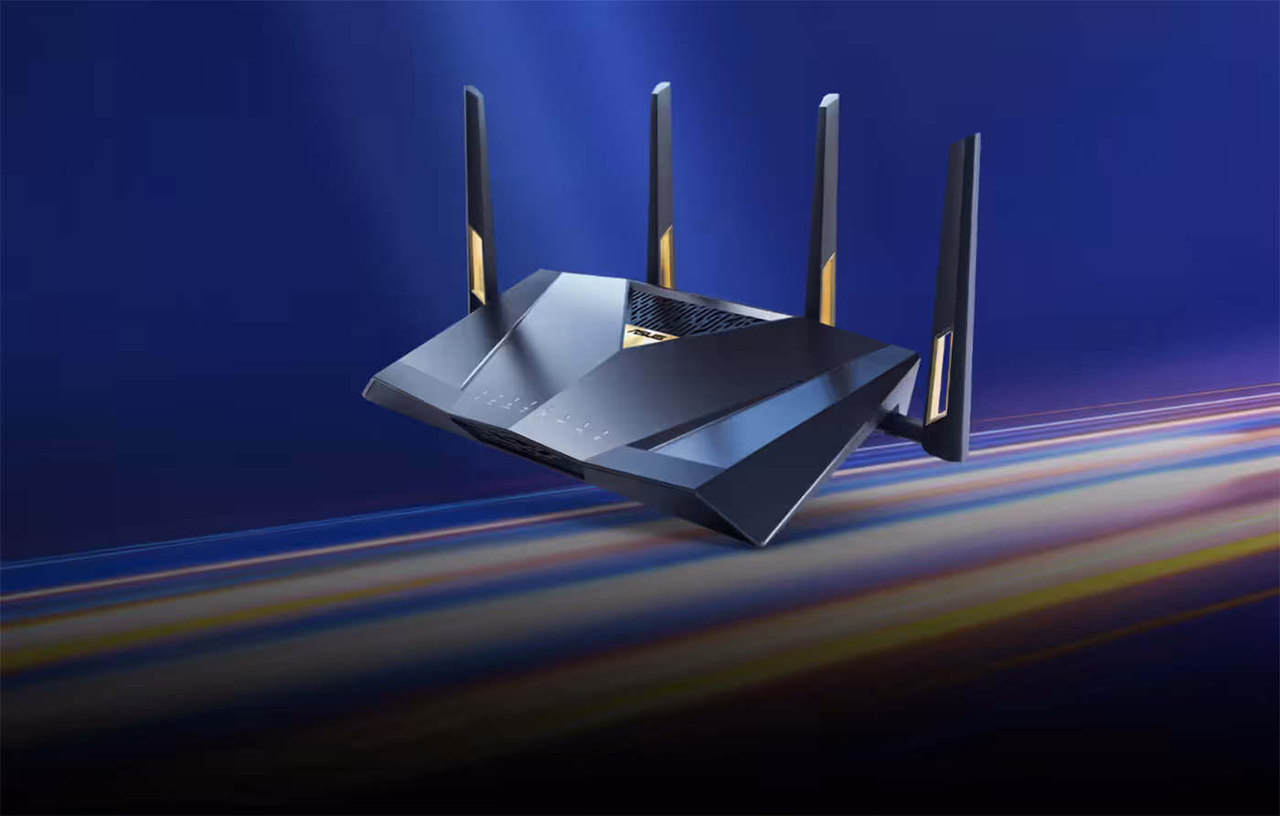 Diagram showing ROG Strix GS-BE18000 extending 6GHz signal reach using AFC technology