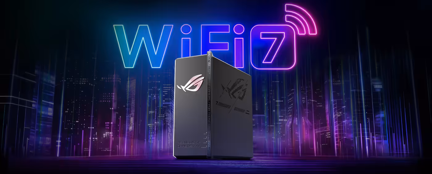 Visualization of ROG Strix GS-BE18000 WiFi 7 performance over a city backdrop